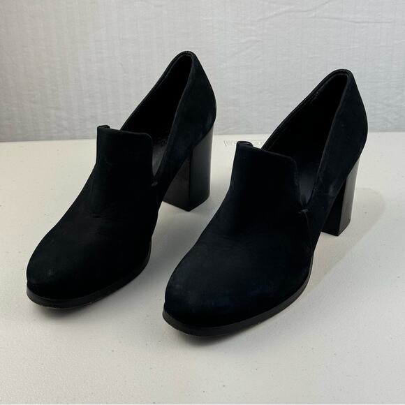 COS Black Suede Heeled Loafers Women’s Size 10 EUR 41 Almond Toe Chunky Heel - Picture 1 of 15